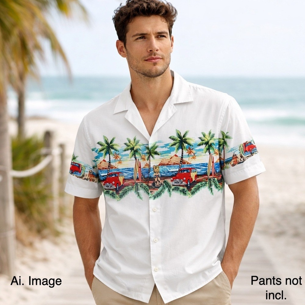 Zara Mens 2XL White Tropical Tiki Beach Woody Wagon Short Sleeve Button Up Shirt
